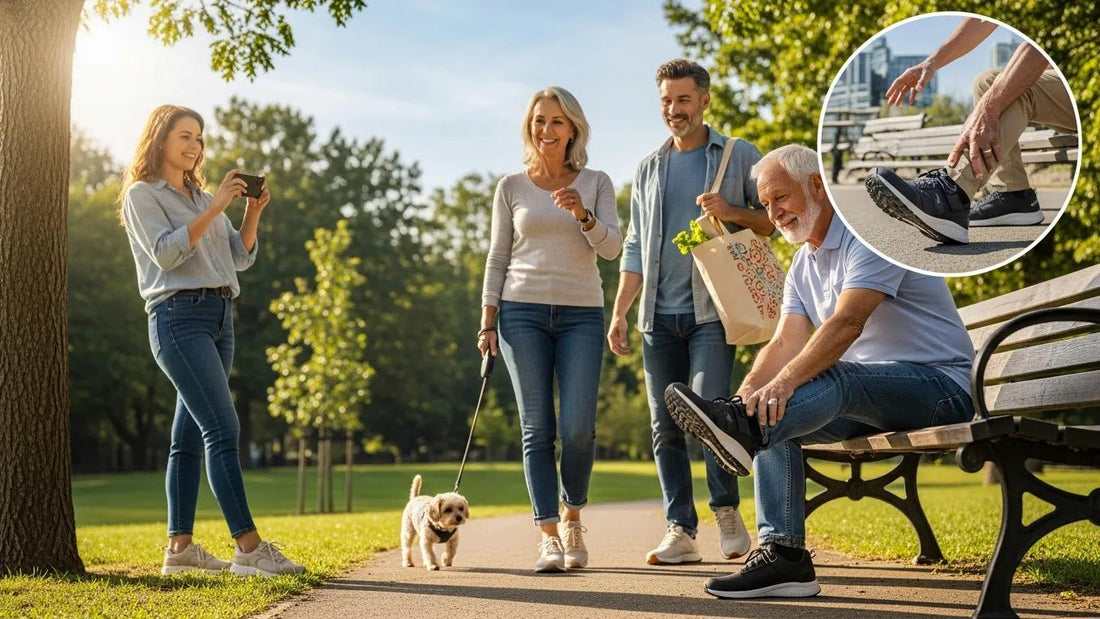 Diverse individuals wearing therapeutic diabetic footwear outdoors, emphasizing comfort and mobility