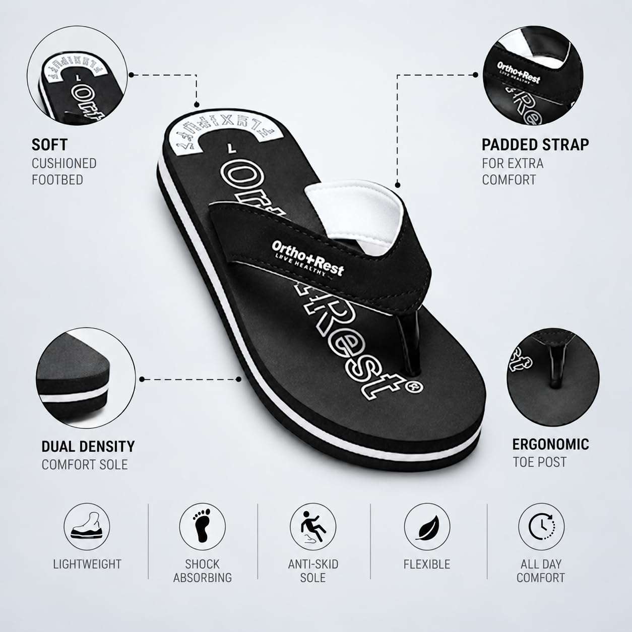 Ortho Rest Men Slipper  Super Soft, Lightweight and Comfortable Flip Flops for Home Daily Use (M555) - Black