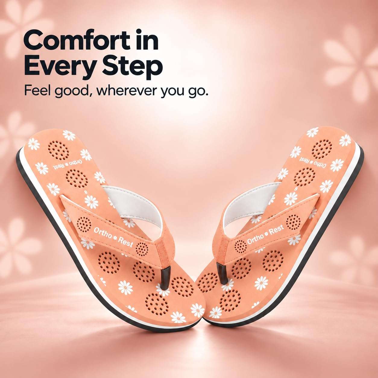 Ortho Rest Women's Comfortable and Stylish Flat Sandals Slipper | Soft Sole Casual Slip-On with back foot support (L218) - Peach