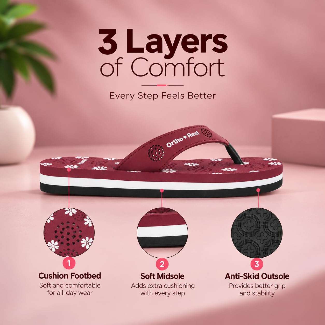 Ortho Rest Women's Comfortable and Stylish Flat Sandals Slipper | Soft Sole Casual Slip-On with back foot support (L218) - Maroon