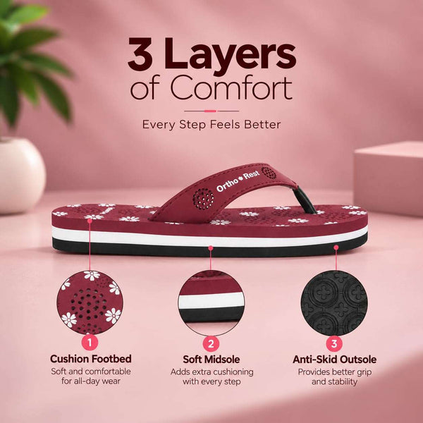 Ortho Rest Women's Comfortable and Stylish Flat Sandals Slipper | Soft Sole Casual Slip-On with back foot support (L218) - Maroon