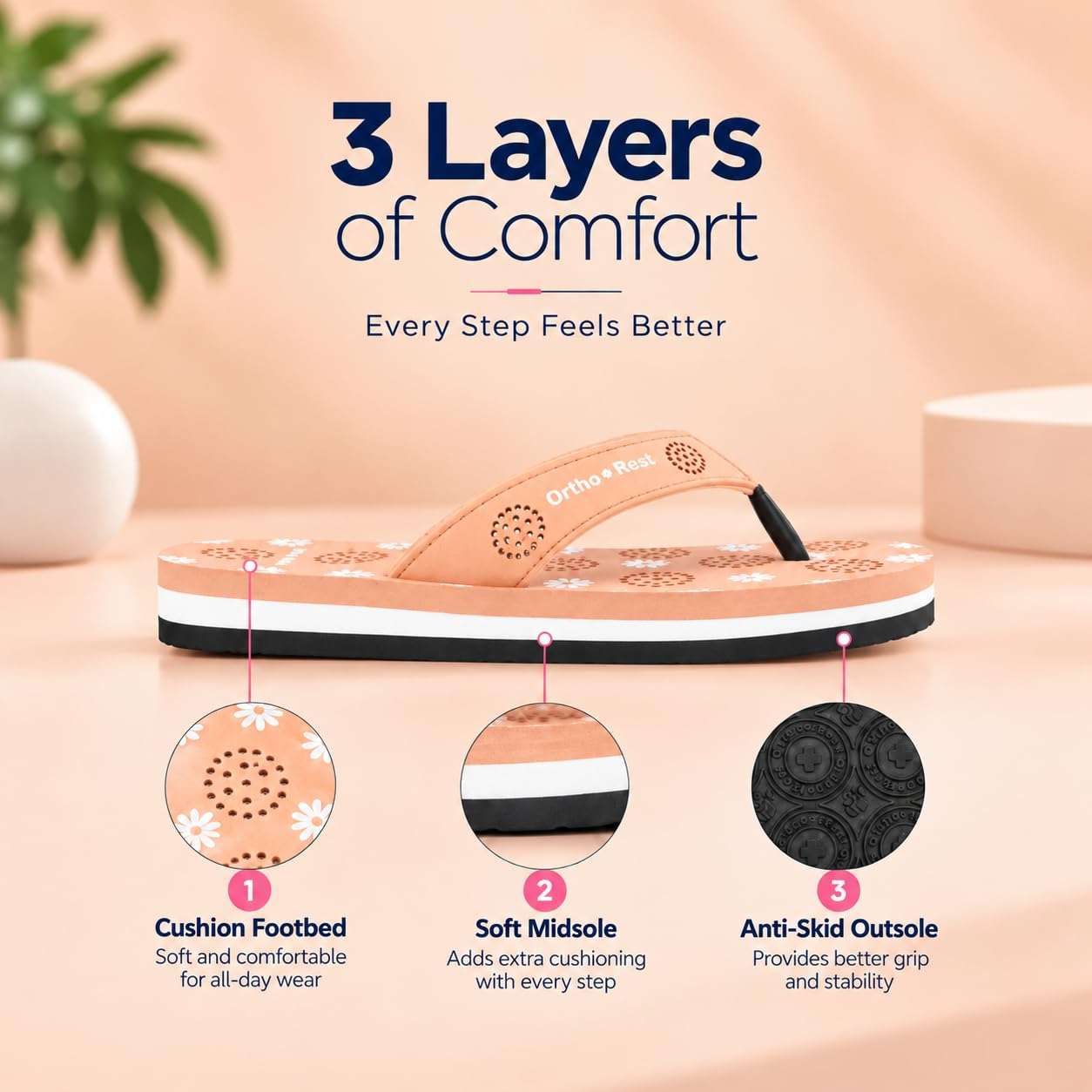 Ortho Rest Women's Comfortable and Stylish Flat Sandals Slipper | Soft Sole Casual Slip-On with back foot support (L218) - Peach