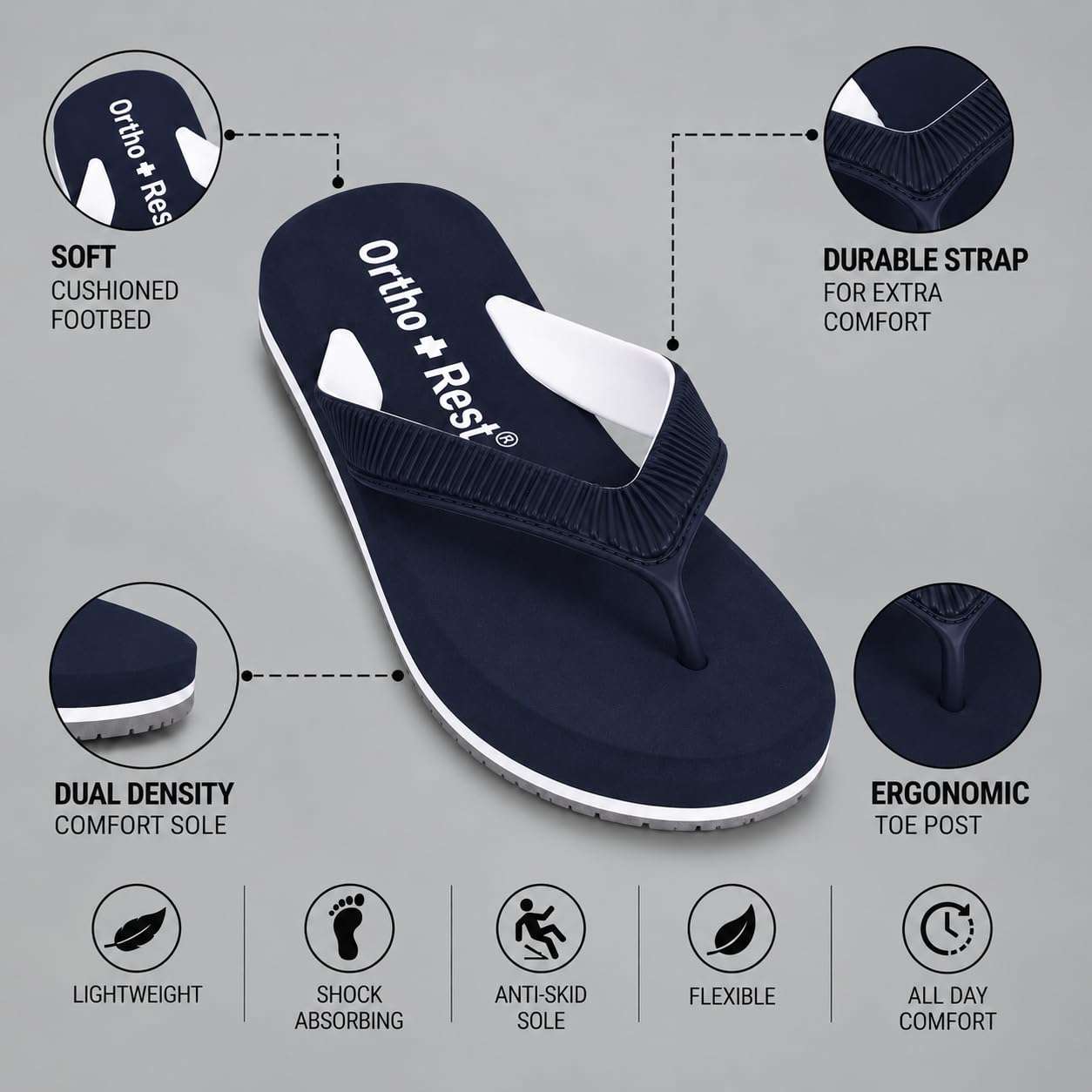 Ortho Rest  Slippers for Women with Cushioned Anti-Skid Sole (L219) - Navy Blue