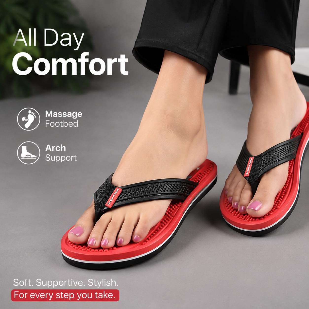 Ortho Rest Women's Comfortable and Stylish Flat Sandals Slipper | Soft Sole Casual Slip-On with back foot support (L215) - Red
