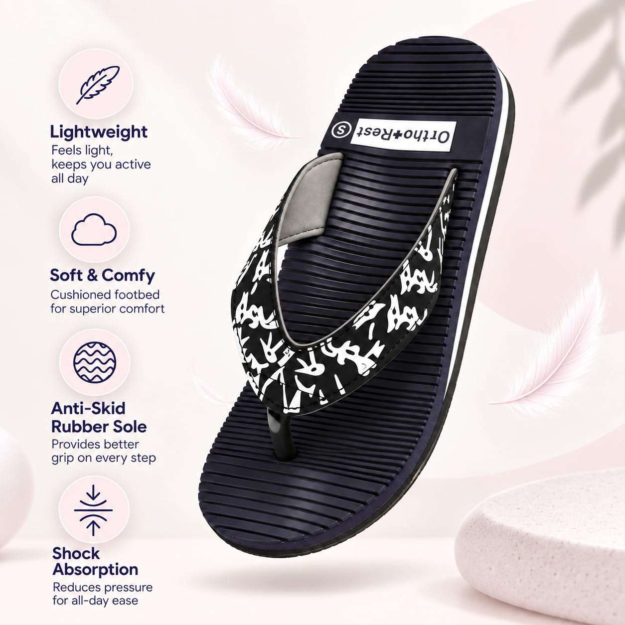 Ortho Rest Women's Comfortable and Stylish Flat Sandals Slipper | Soft Sole Casual Slip-On with back foot support (ARCH02) - Navy Blue