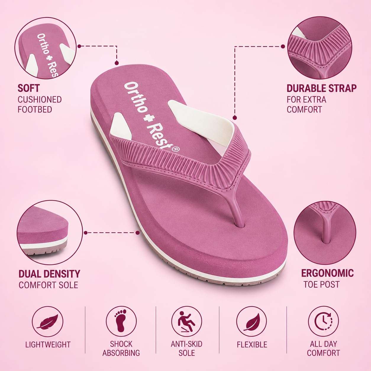 Ortho Rest  Slippers for Women with Cushioned Anti-Skid Sole (L219) - Pink