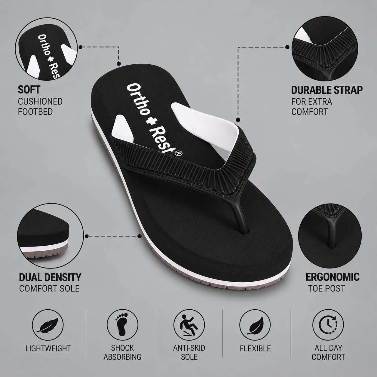 Ortho Rest  Slippers for Women with Cushioned Anti-Skid Sole (L219) - Black