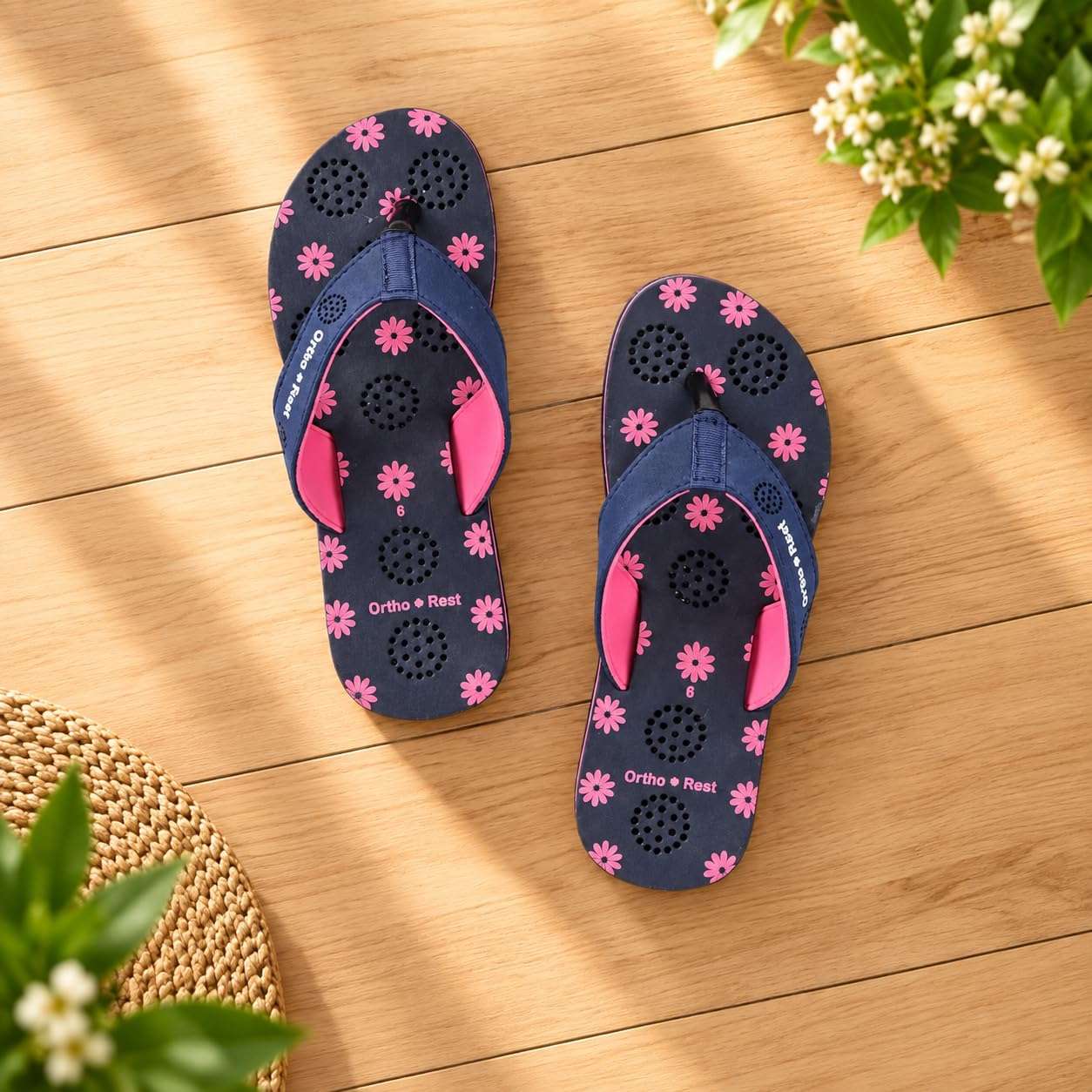 Ortho Rest Women's Comfortable and Stylish Flat Sandals Slipper | Soft Sole Casual Slip-On with back foot support (L218) - Navy Blue