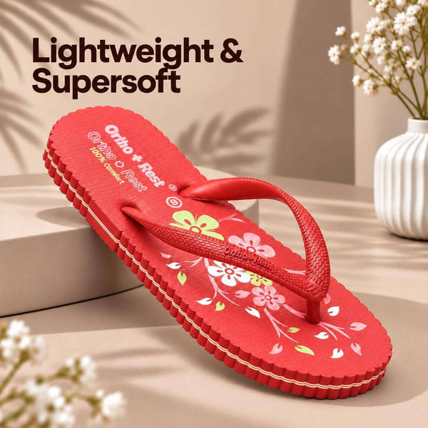 Ortho Rest Women's Comfortable and Stylish Flat Sandals Slipper | Soft Sole Casual Slip-On with back foot support (R115) - Red