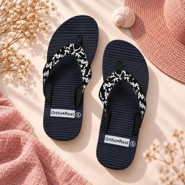 Ortho Rest Women's Comfortable and Stylish Flat Sandals Slipper | Soft Sole Casual Slip-On with back foot support (ARCH02) - Navy Blue