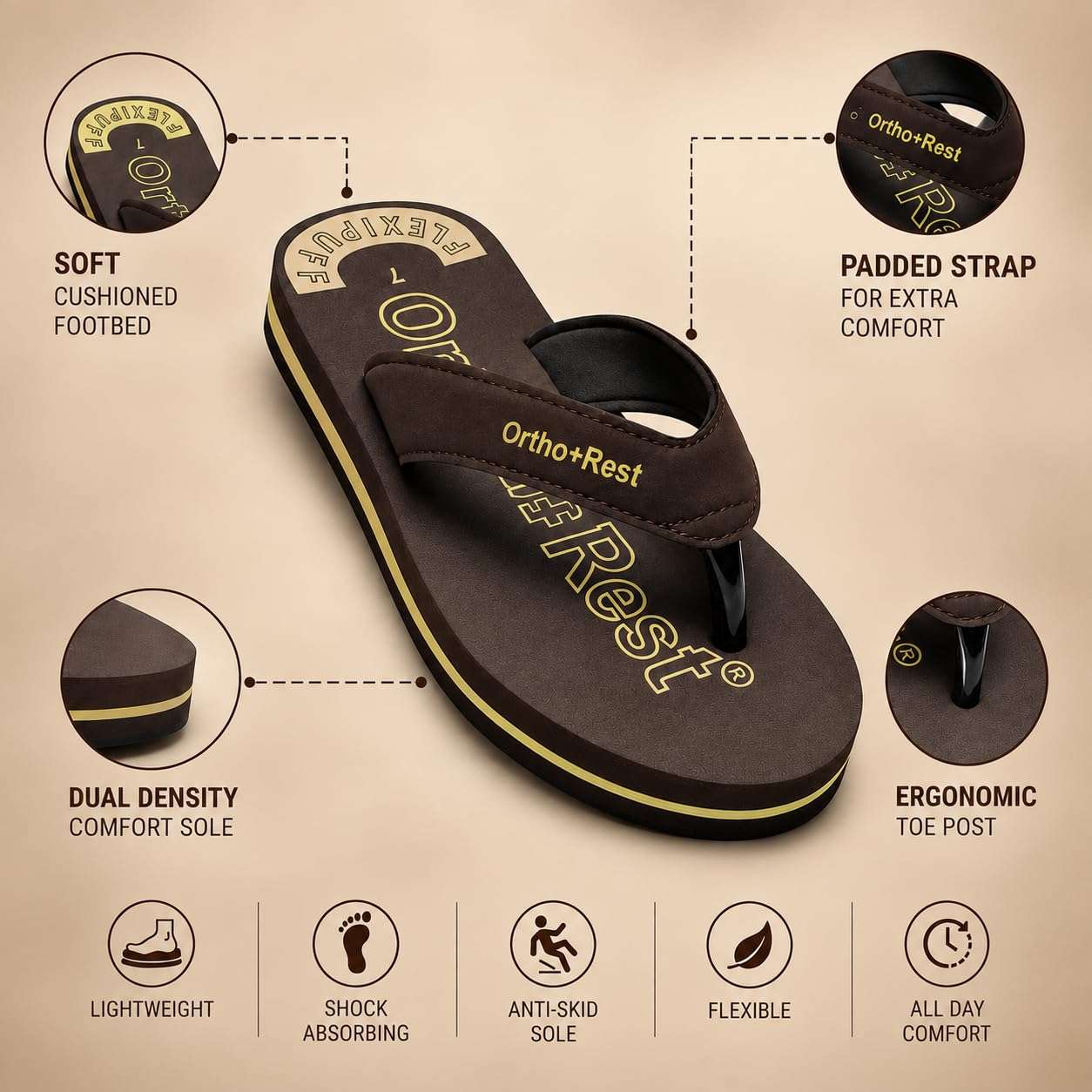 Ortho Rest Men Slipper  Super Soft, Lightweight and Comfortable Flip Flops for Home Daily Use (M555) - Brown