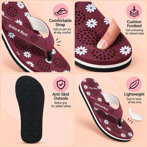 Ortho Rest Women's Comfortable and Stylish Flat Sandals Slipper | Soft Sole Casual Slip-On with back foot support (L218) - Maroon