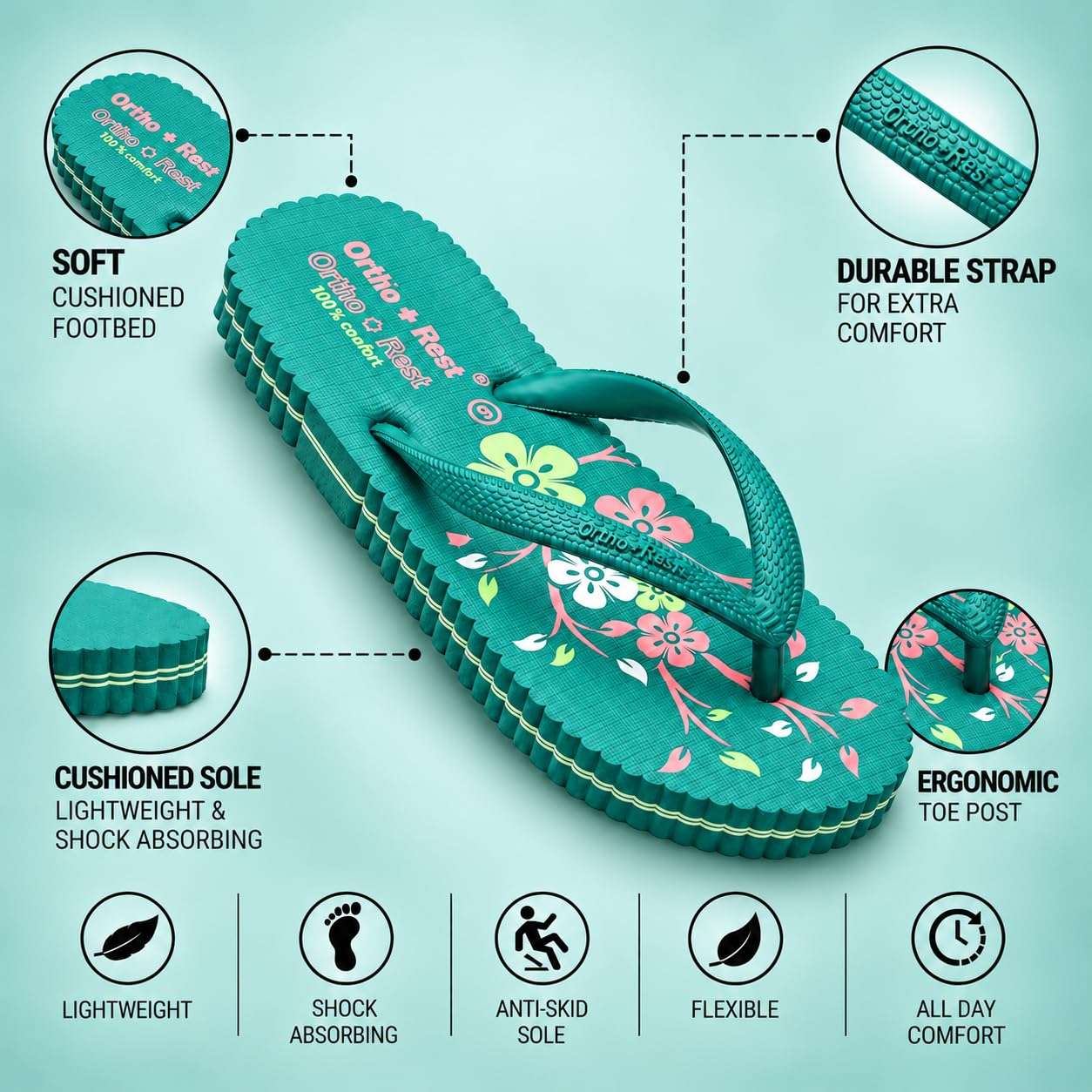 Ortho Rest Women's Comfortable and Stylish Flat Sandals Slipper | Soft Sole Casual Slip-On with back foot support (R115) - Green