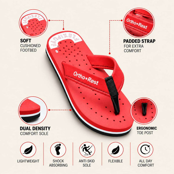 Ortho Rest Women's Comfortable and Stylish Flat Sandals Slipper | Soft Sole Casual Slip-On with back foot support (L300) - Red