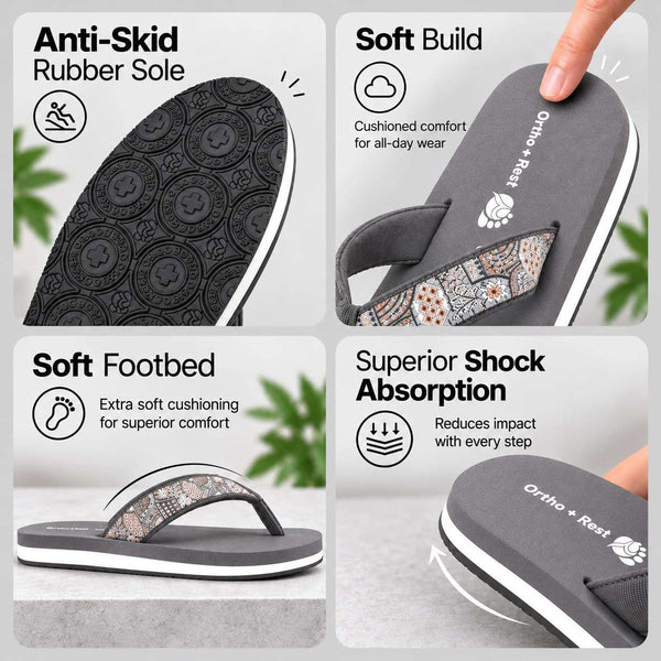 Ortho Rest Women's Comfortable and Stylish Flat Sandals Slipper | Soft Sole Casual Slip-On with back foot support (L221) - Grey