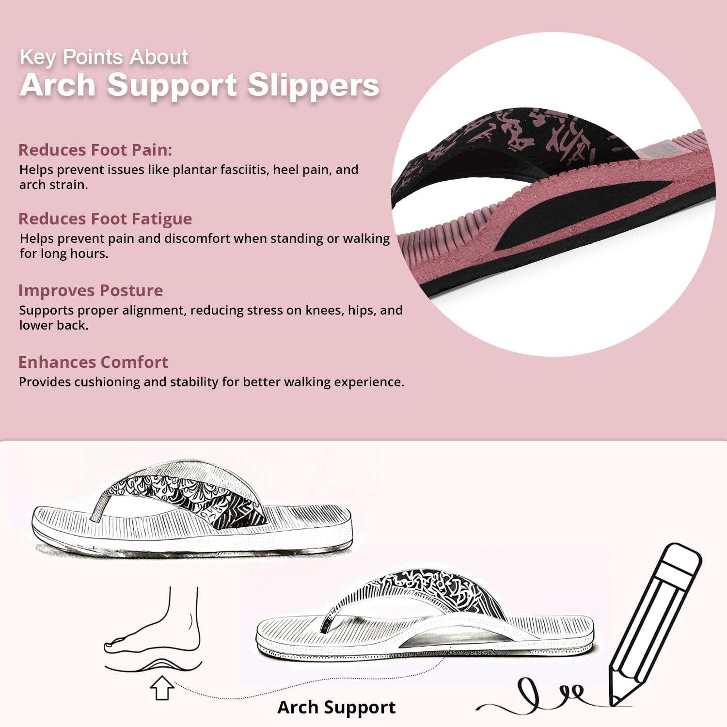 Ortho Rest Women's Comfortable and Stylish Flat Sandals Slipper | Soft Sole Casual Slip-On with back foot support (ARCH02) - Pink