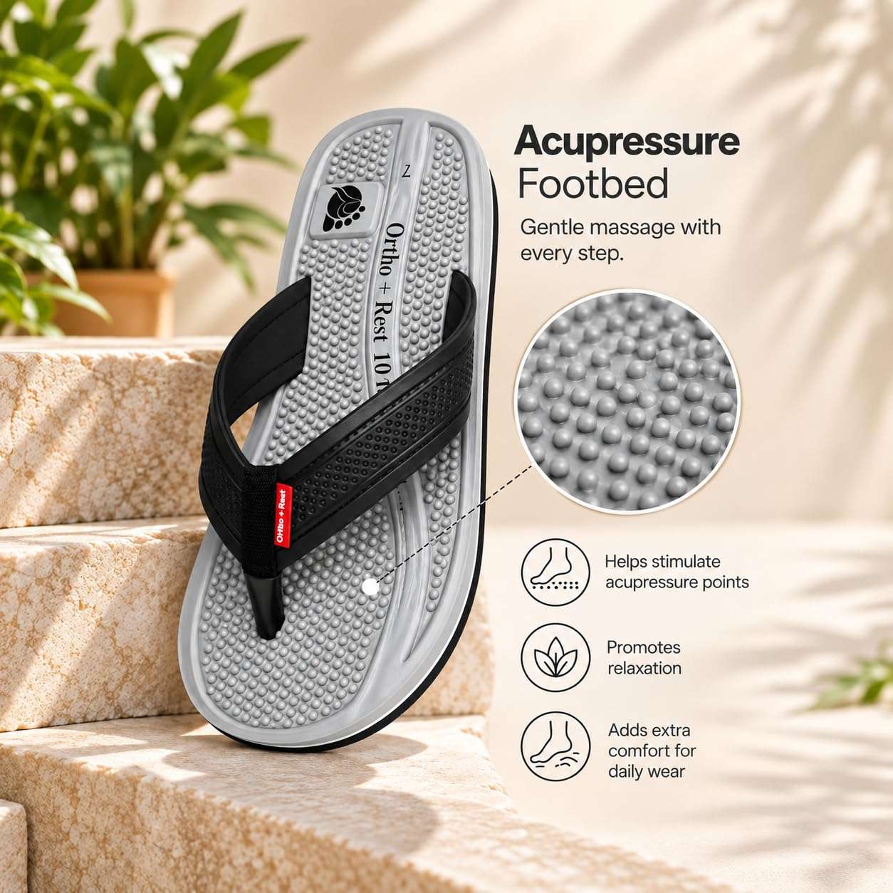 Ortho Rest  Men's Flip Flops with Acupressure Footbed (M10015) - Grey