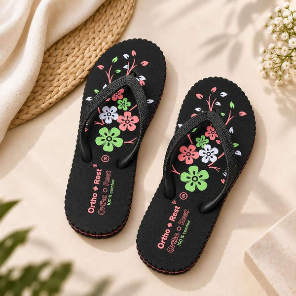 Ortho Rest Women's Comfortable and Stylish Flat Sandals Slipper | Soft Sole Casual Slip-On with back foot support (R115) - Black