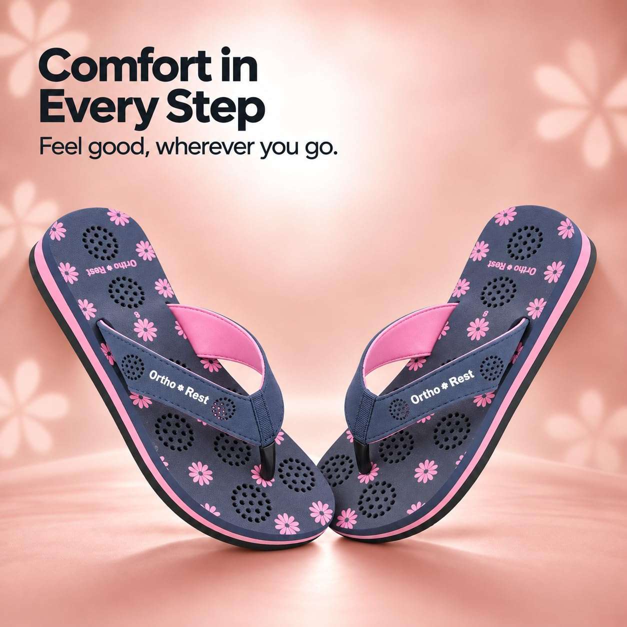 Ortho Rest Women's Comfortable and Stylish Flat Sandals Slipper | Soft Sole Casual Slip-On with back foot support (L218) - Navy Blue