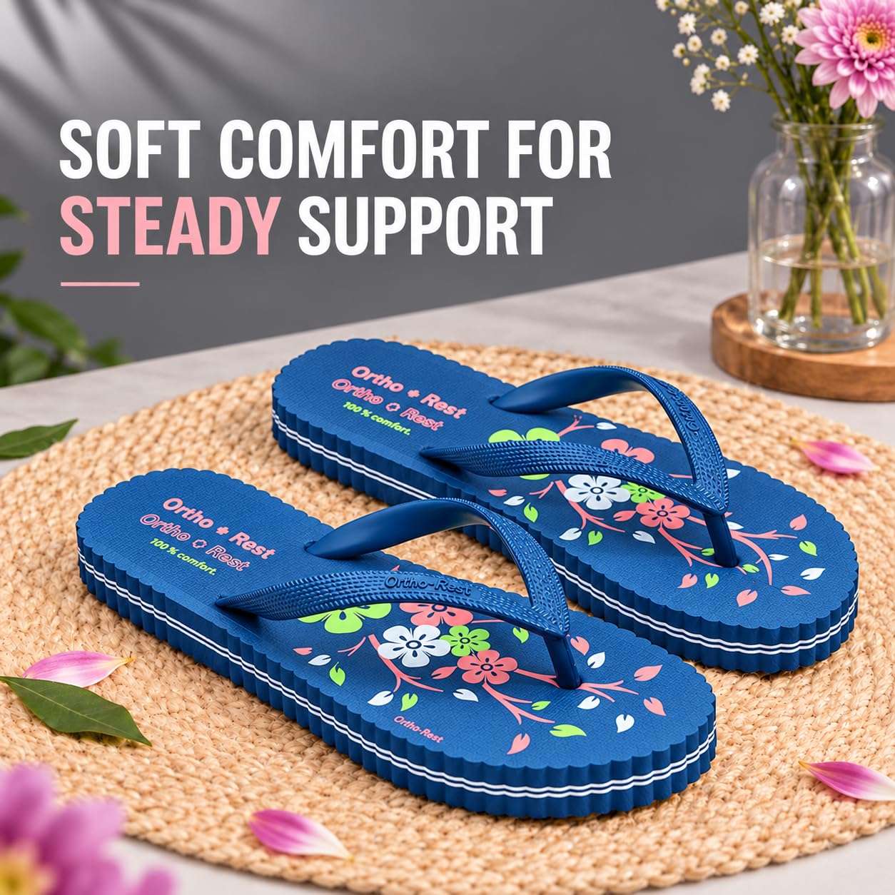Ortho Rest Women's Comfortable and Stylish Flat Sandals Slipper | Soft Sole Casual Slip-On with back foot support (R115) - Blue