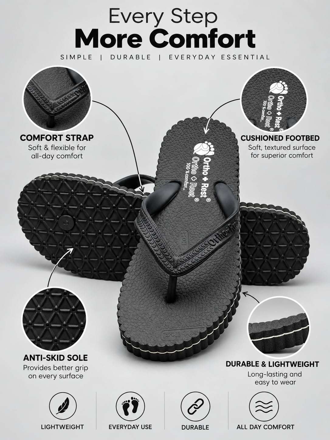 Ortho Rest Hawaii Chappal  Comfort Ortho Care, Bathroom Rubber Flip-Flops (R111) - Black