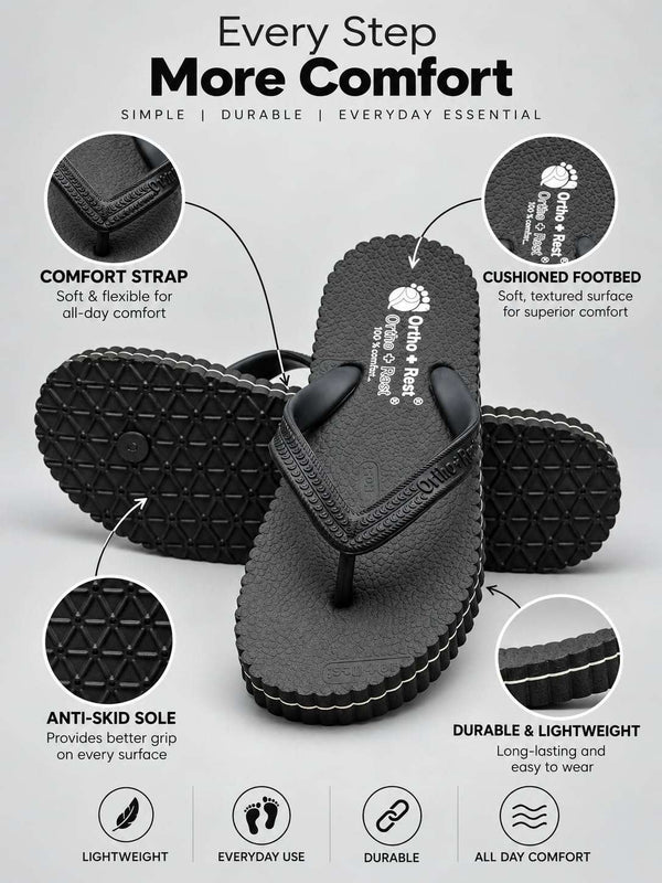 Ortho Rest Hawaii Chappal  Comfort Ortho Care, Bathroom Rubber Flip-Flops (R111) - Black