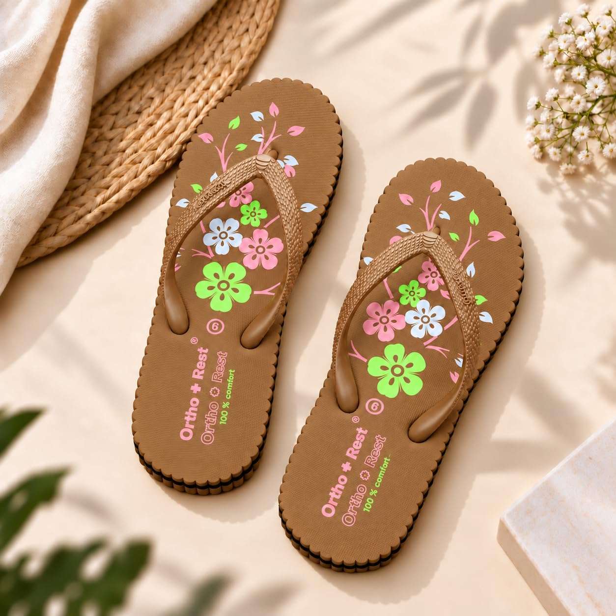Ortho Rest Women's Comfortable and Stylish Flat Sandals Slipper | Soft Sole Casual Slip-On with back foot support (R115) - Tan