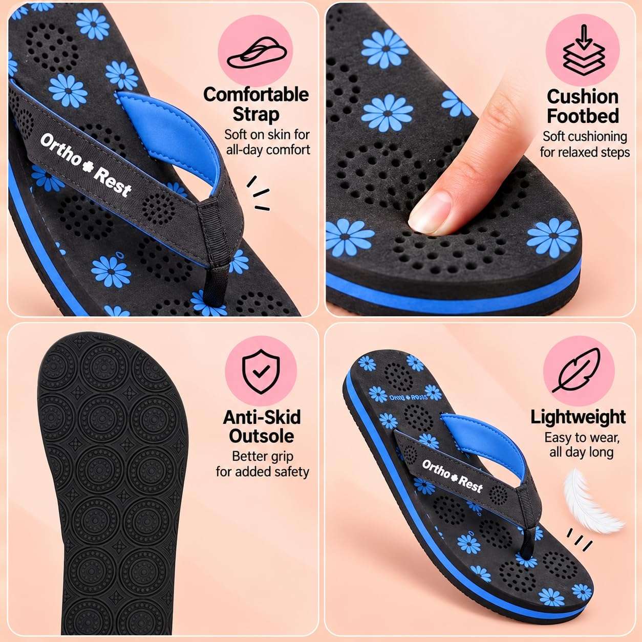 Ortho Rest Women's Comfortable and Stylish Flat Sandals Slipper | Soft Sole Casual Slip-On with back foot support (L218) - Black