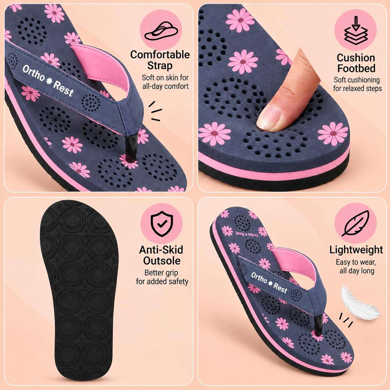 Ortho Rest Women's Comfortable and Stylish Flat Sandals Slipper | Soft Sole Casual Slip-On with back foot support (L218) - Navy Blue