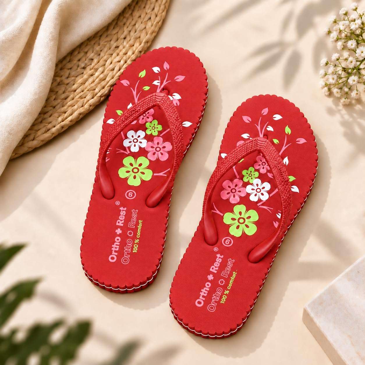 Ortho Rest Women's Comfortable and Stylish Flat Sandals Slipper | Soft Sole Casual Slip-On with back foot support (R115) - Red