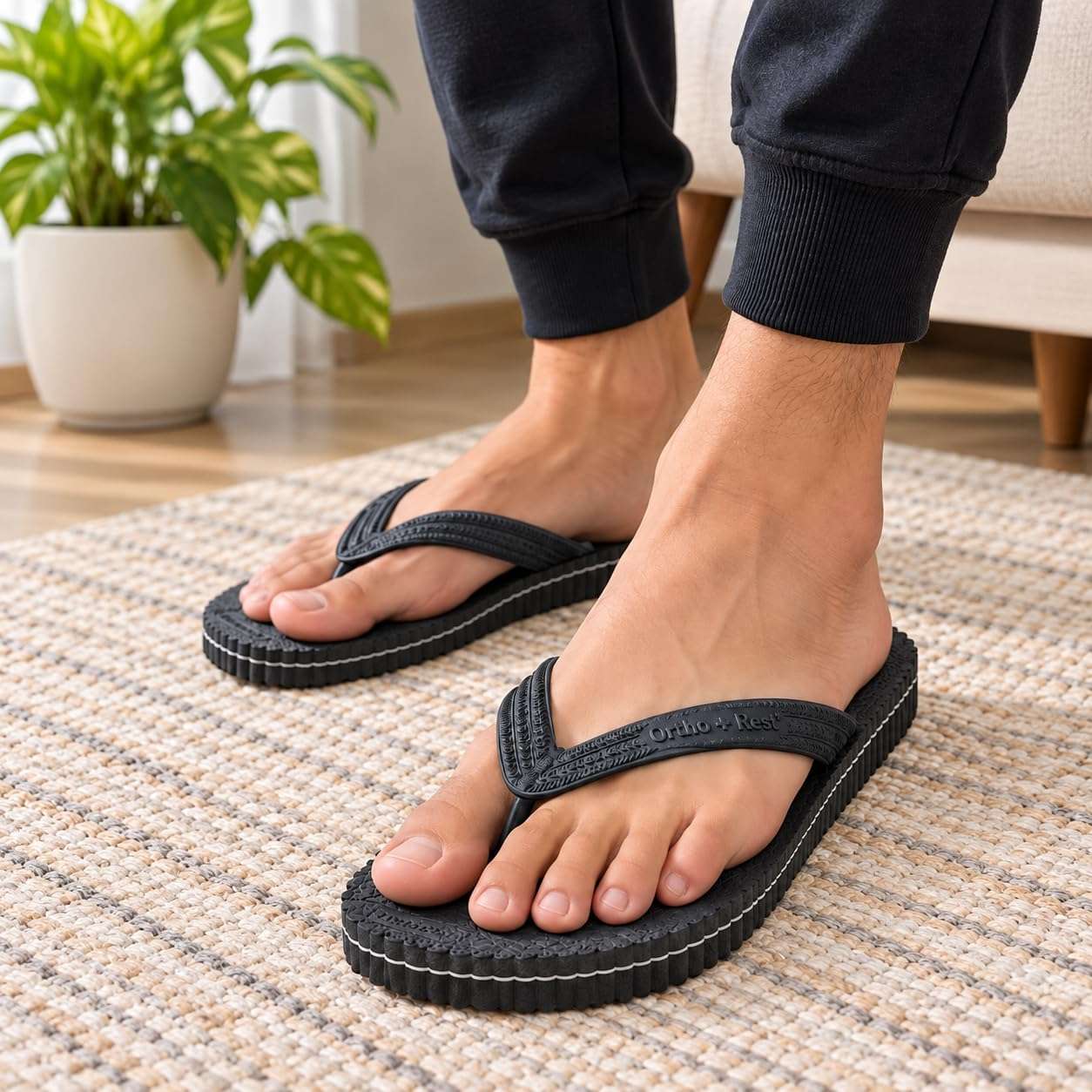 Ortho Rest Hawaii Chappal  Comfort Ortho Care, Bathroom Rubber Flip-Flops (R111) - Black