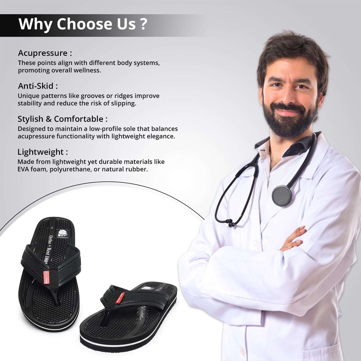 Ortho Rest  Men's Flip Flops with Acupressure Footbed (M10015) - Black