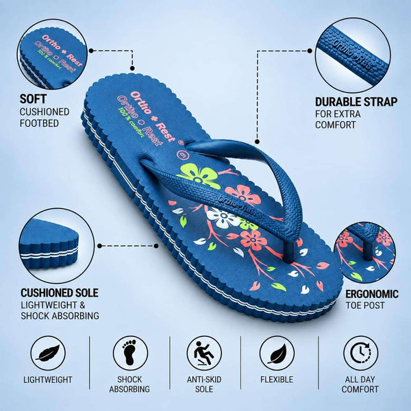 Ortho Rest Women's Comfortable and Stylish Flat Sandals Slipper | Soft Sole Casual Slip-On with back foot support (R115) - Blue