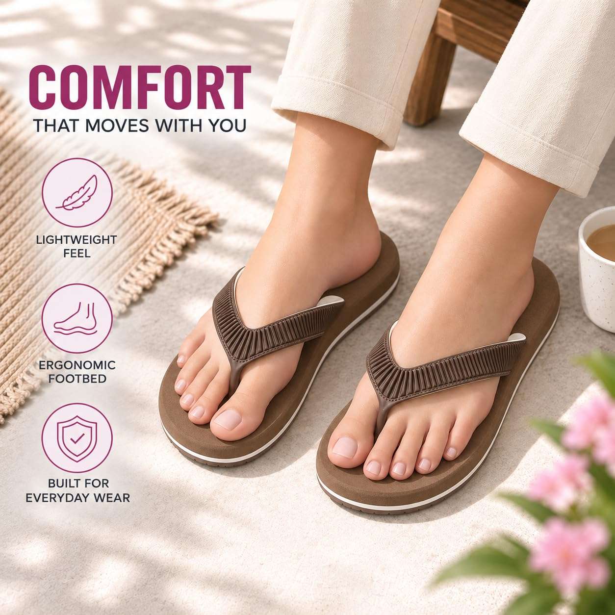 Ortho Rest  Slippers for Women with Cushioned Anti-Skid Sole (L219) - Light Brown