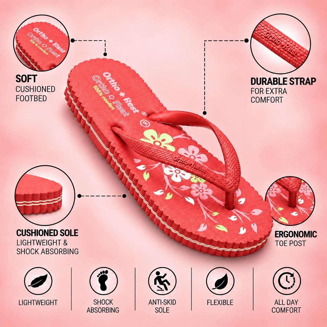 Ortho Rest Women's Comfortable and Stylish Flat Sandals Slipper | Soft Sole Casual Slip-On with back foot support (R115) - Red