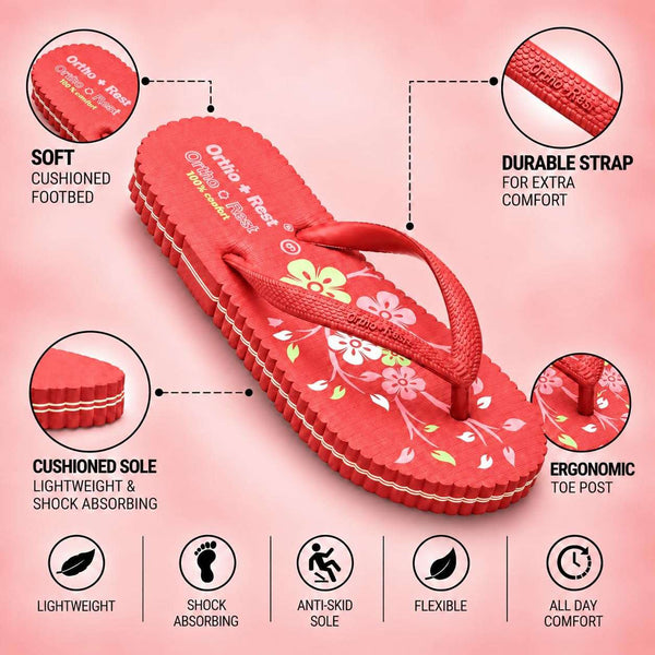 Ortho Rest Women's Comfortable and Stylish Flat Sandals Slipper | Soft Sole Casual Slip-On with back foot support (R115) - Red