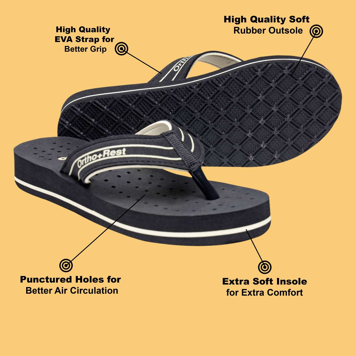 Ortho Rest Women's Comfortable and Stylish Flat Sandals Slipper | Soft Sole Casual Slip-On with back foot support (L331) - Black