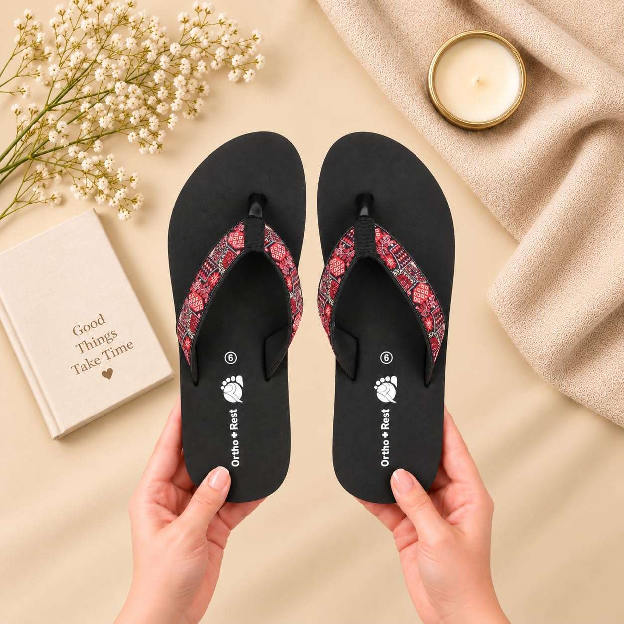 Ortho Rest Women's Comfortable and Stylish Flat Sandals Slipper | Soft Sole Casual Slip-On with back foot support (L216) - Black