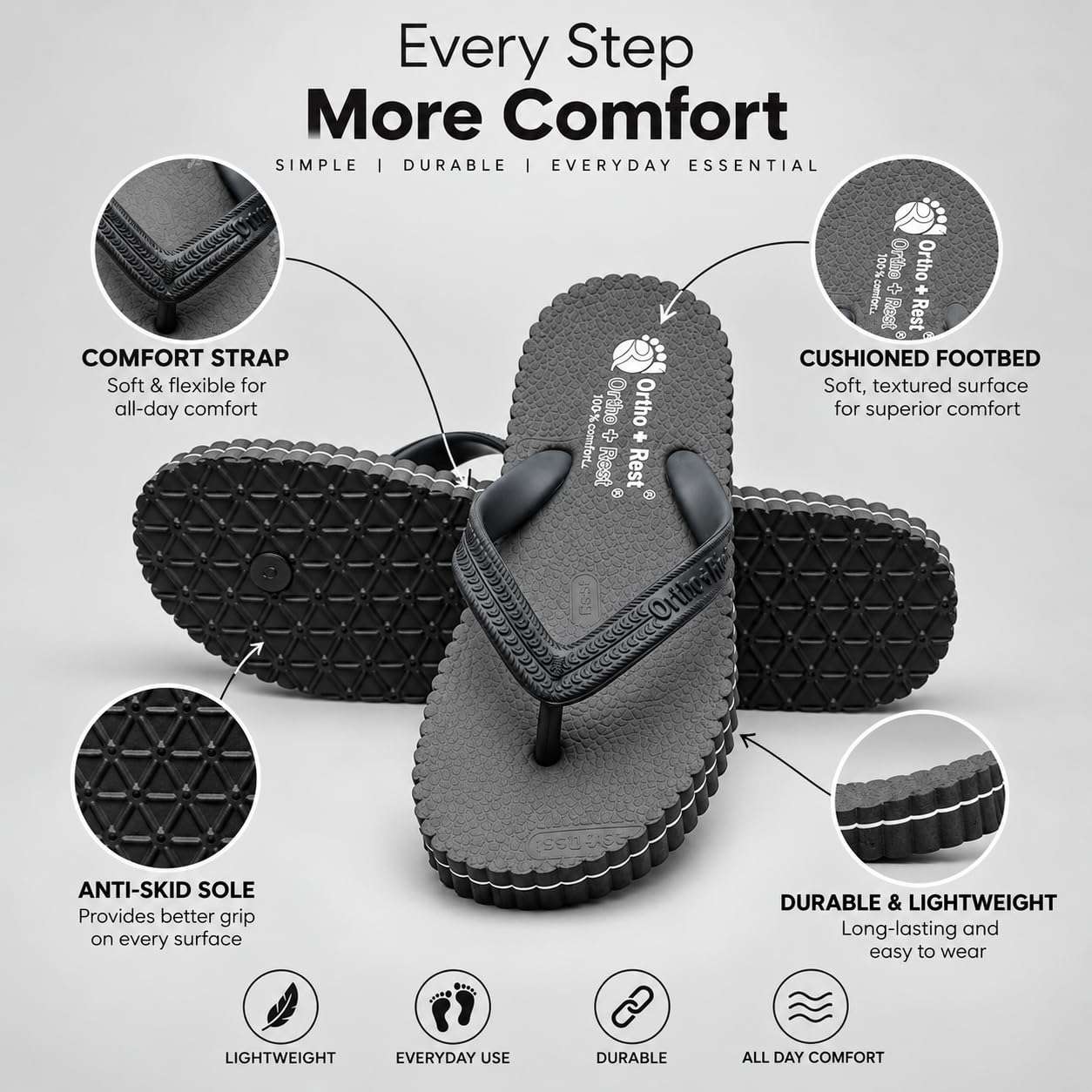 Ortho Rest Hawaii Chappal  Comfort Ortho Care, Bathroom Rubber Flip-Flops (R111) - Grey