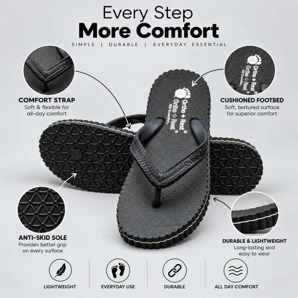 Ortho Rest Hawaii Chappal  Comfort Ortho Care, Bathroom Rubber Flip-Flops (R111) - Black