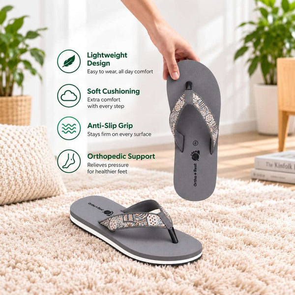 Ortho Rest Women's Comfortable and Stylish Flat Sandals Slipper | Soft Sole Casual Slip-On with back foot support (L221) - Grey