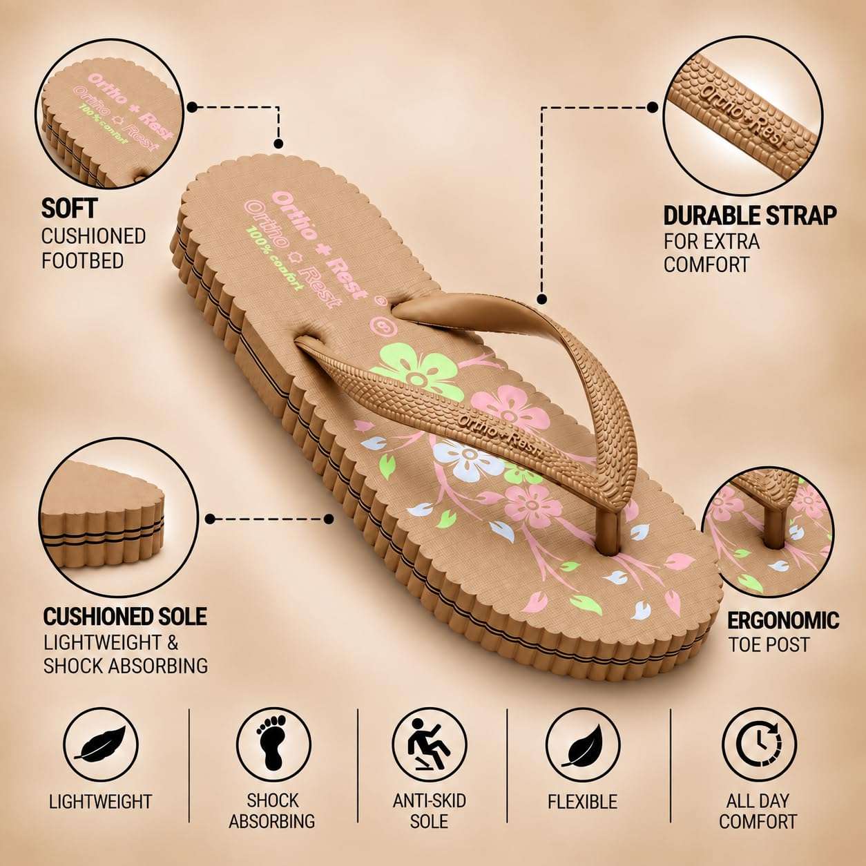 Ortho Rest Women's Comfortable and Stylish Flat Sandals Slipper | Soft Sole Casual Slip-On with back foot support (R115) - Tan