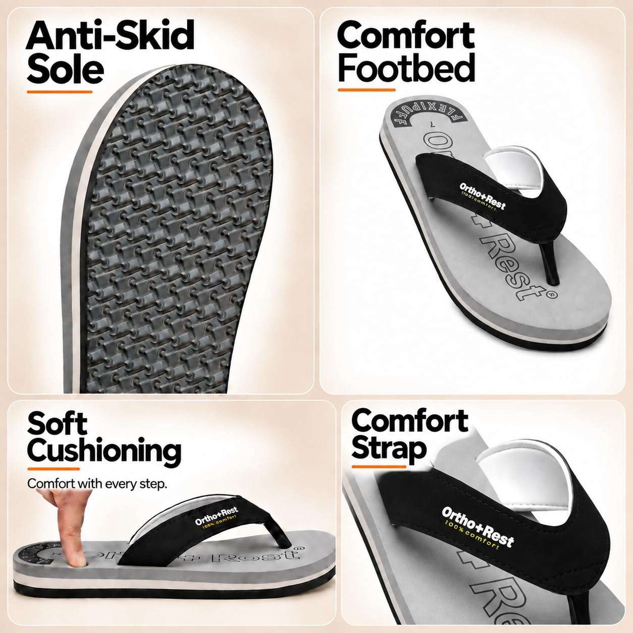 Ortho Rest Men Slipper  Super Soft, Lightweight and Comfortable Flip Flops for Home Daily Use (M555) - Grey
