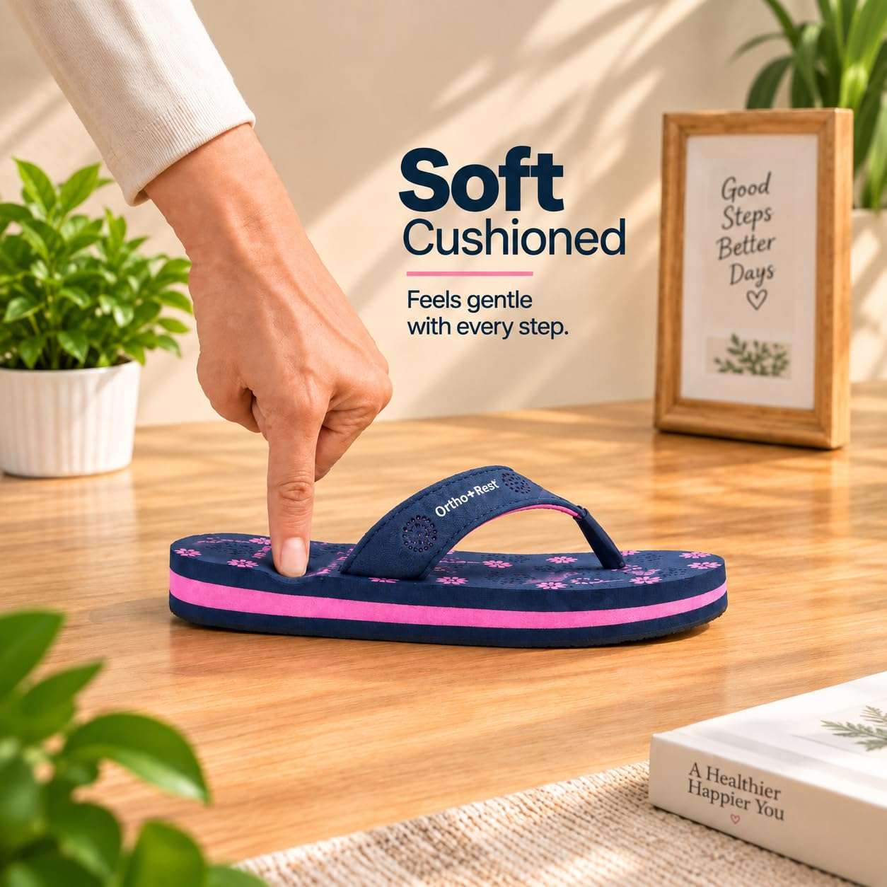 Ortho Rest Women's Comfortable and Stylish Flat Sandals Slipper | Soft Sole Casual Slip-On with back foot support (L218) - Navy Blue