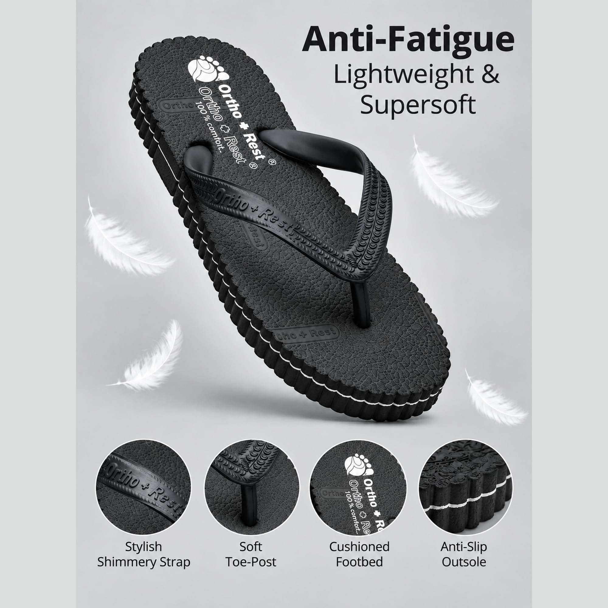 Ortho Rest Hawaii Chappal  Comfort Ortho Care, Bathroom Rubber Flip-Flops (R111) - Black