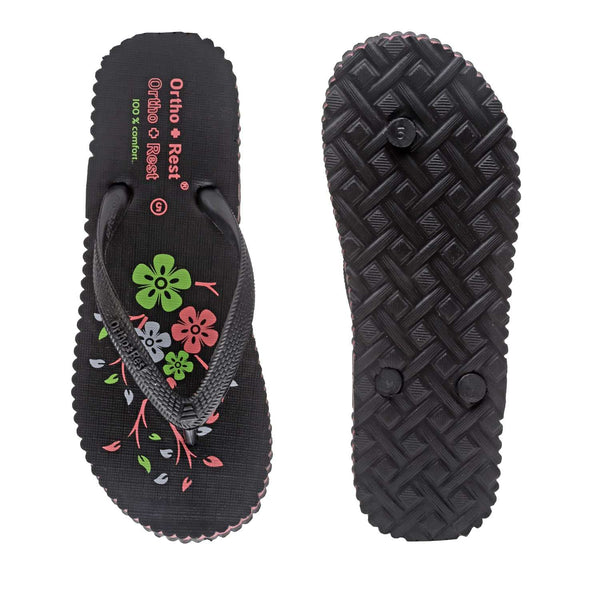 Ortho Rest Women's Comfortable and Stylish Flat Sandals Slipper | Soft Sole Casual Slip-On with back foot support (R115) - Black