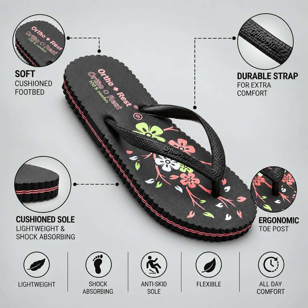 Ortho Rest Women's Comfortable and Stylish Flat Sandals Slipper | Soft Sole Casual Slip-On with back foot support (R115) - Black