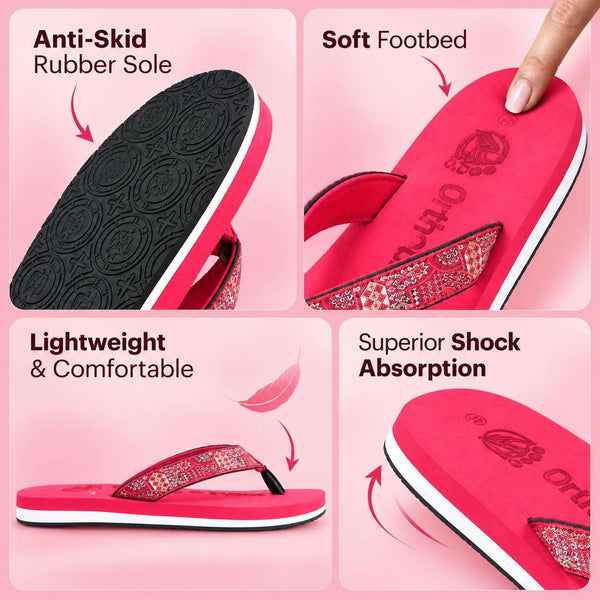 Ortho Rest Women's Comfortable and Stylish Flat Sandals Slipper | Soft Sole Casual Slip-On with back foot support (L221) - Red