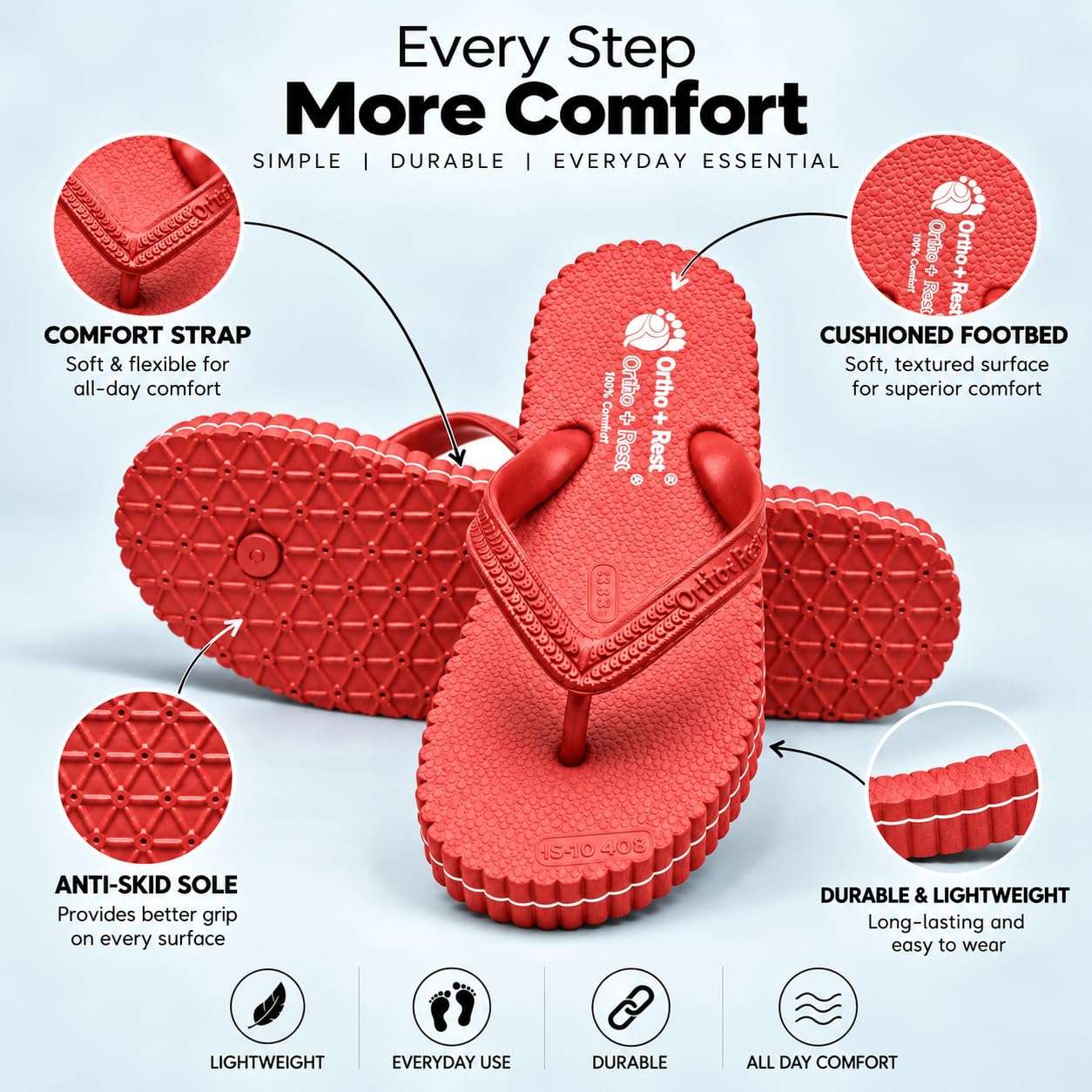 Ortho Rest Hawaii Chappal  Comfort Ortho Care, Bathroom Rubber Flip-Flops (R111) - Red