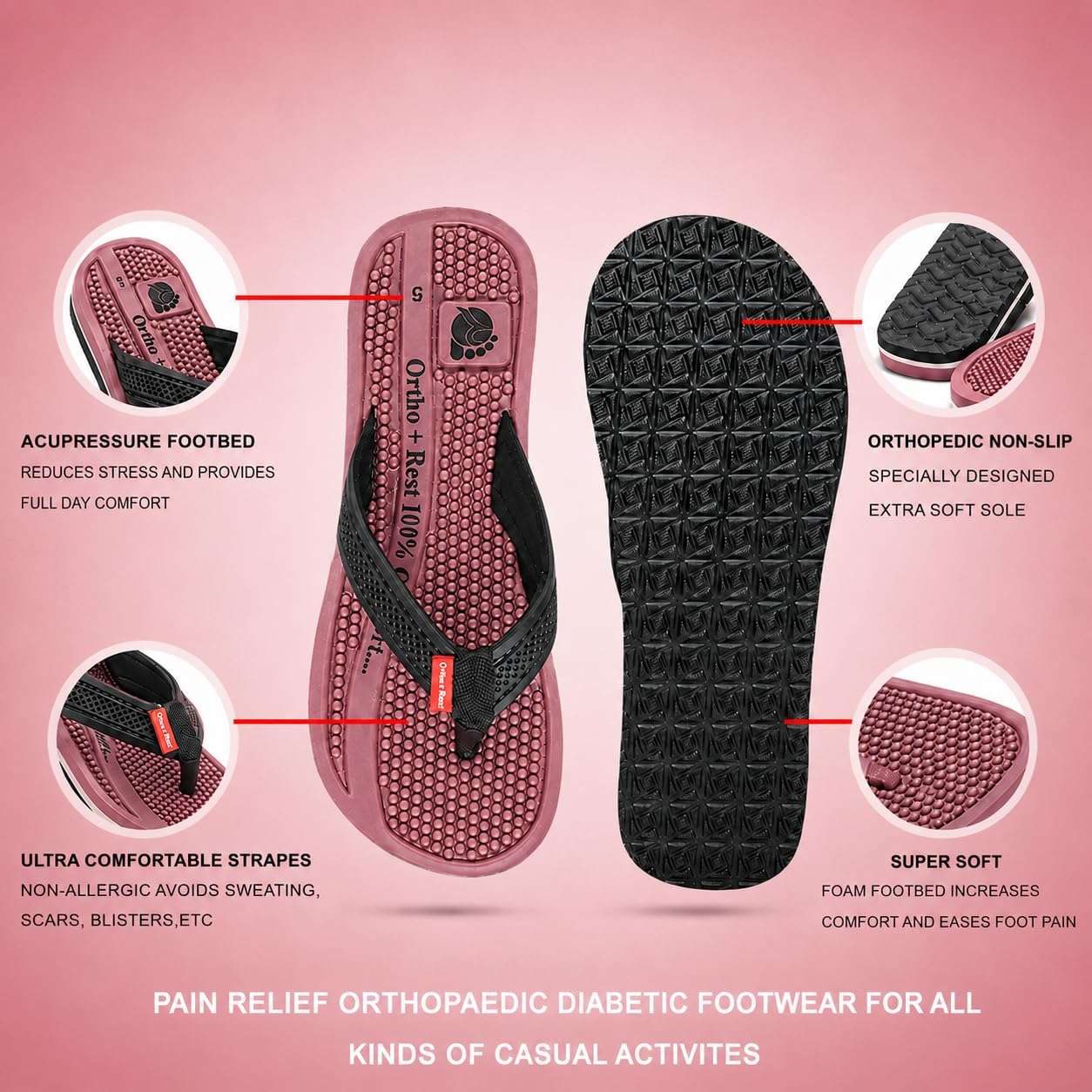 Ortho Rest Women's Comfortable and Stylish Flat Sandals Slipper | Soft Sole Casual Slip-On with back foot support (L215) - Pink